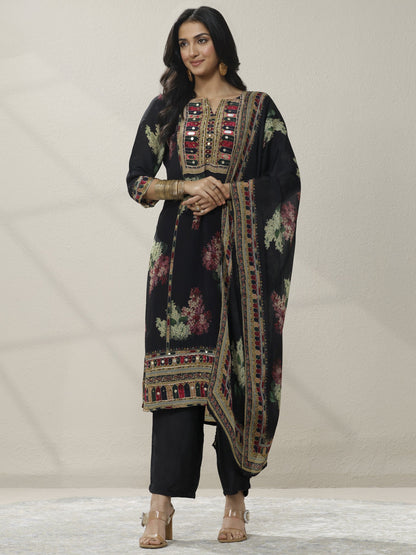 Libas Black Printed Chinon Straight Suit Set With Dupatta