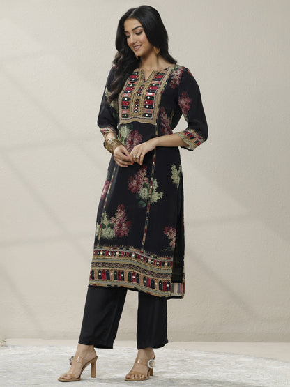 Libas Black Printed Chinon Straight Suit Set With Dupatta