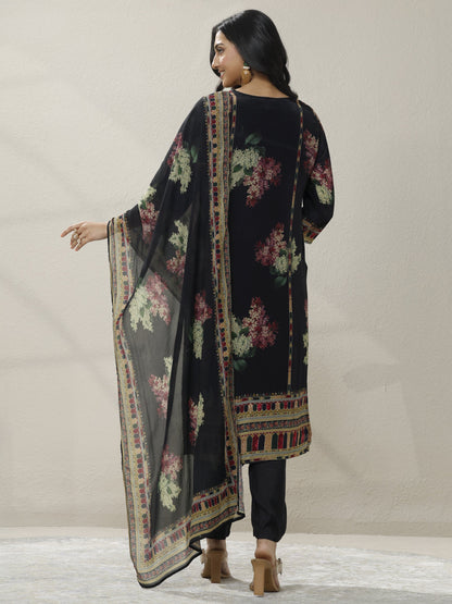 Libas Black Printed Chinon Straight Suit Set With Dupatta