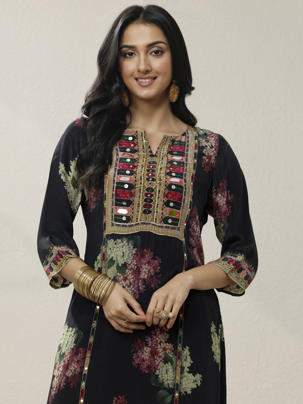 Libas Black Printed Chinon Straight Suit Set With Dupatta