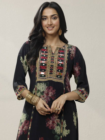 Libas Black Printed Chinon Straight Suit Set With Dupatta