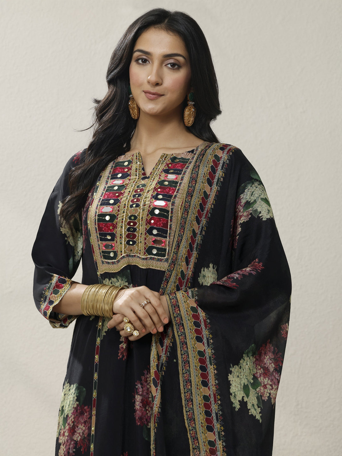Libas Black Printed Chinon Straight Suit Set With Dupatta