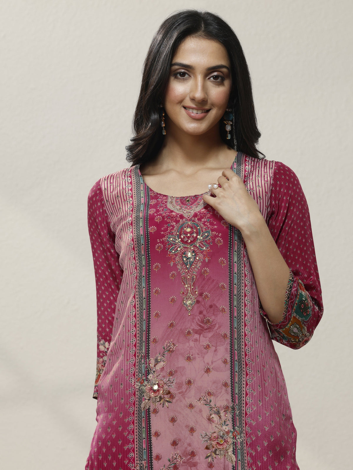 Libas Pink Printed Silk Blend Straight Suit Set With Dupatta