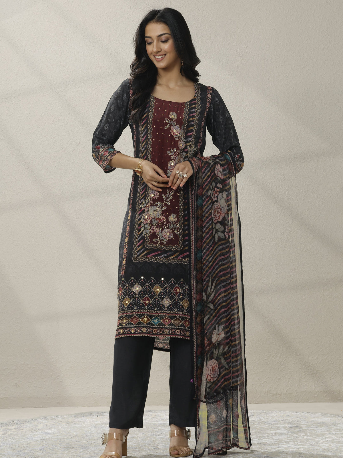 Libas Black Printed Cotton Blend Straight Suit Set With Dupatta