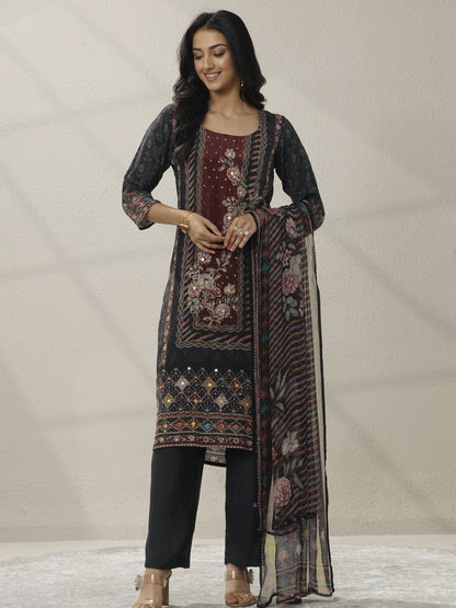 Libas Black Printed Cotton Blend Straight Suit Set With Dupatta