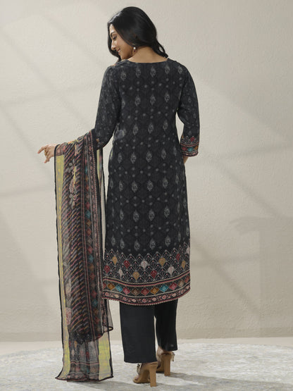 Libas Black Printed Cotton Blend Straight Suit Set With Dupatta