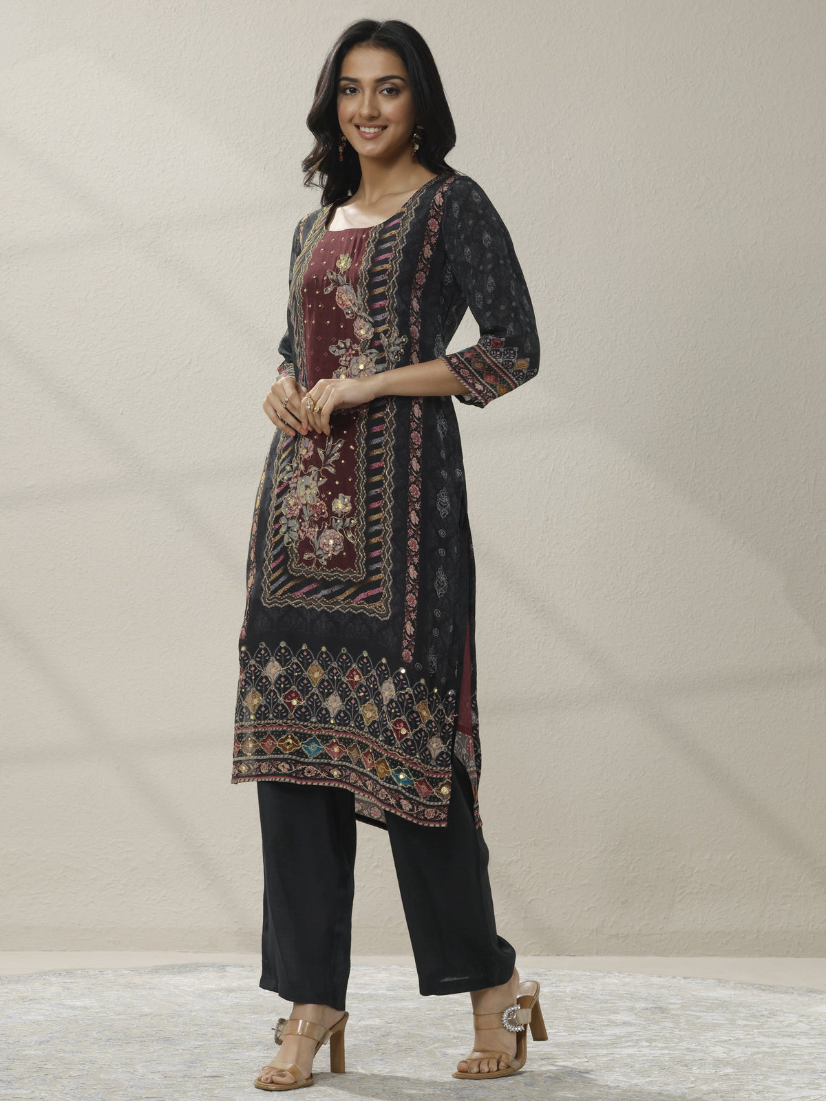 Libas Black Printed Cotton Blend Straight Suit Set With Dupatta