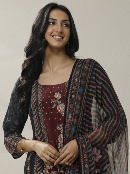 Libas Black Printed Cotton Blend Straight Suit Set With Dupatta