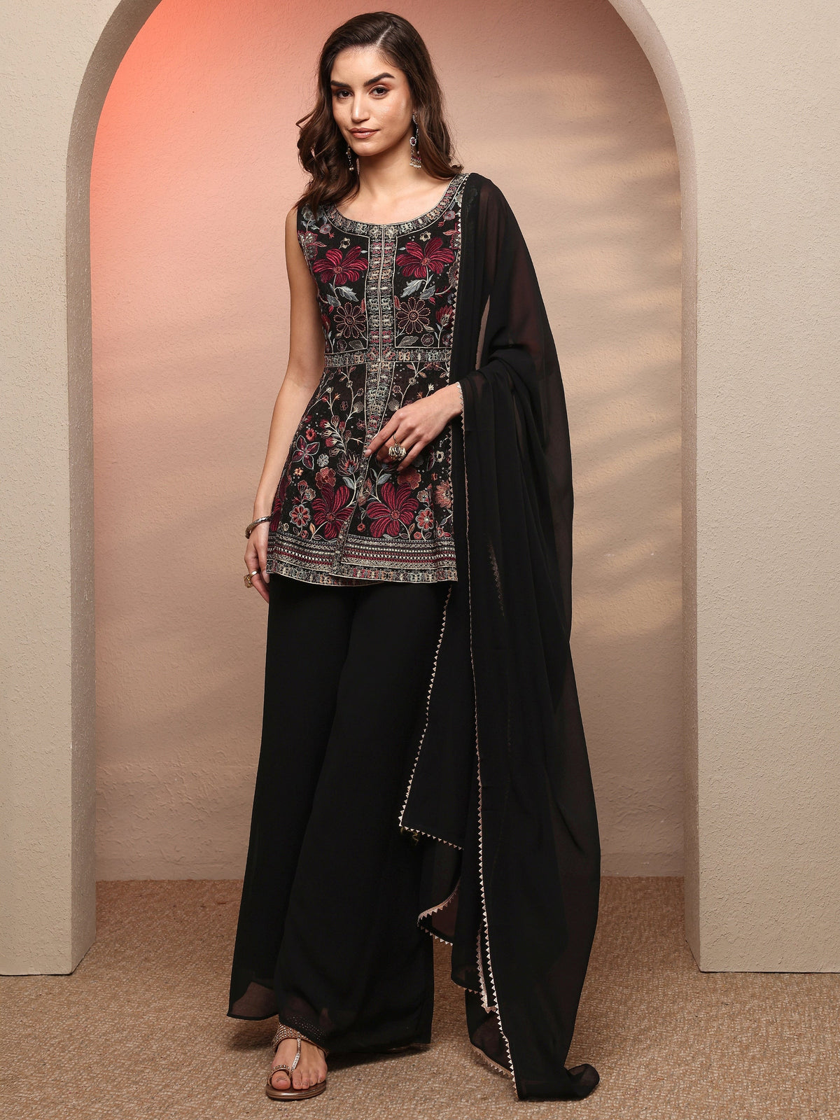 Libas Black Embroidered Georgette Anarkali Suit Set With Dupatta