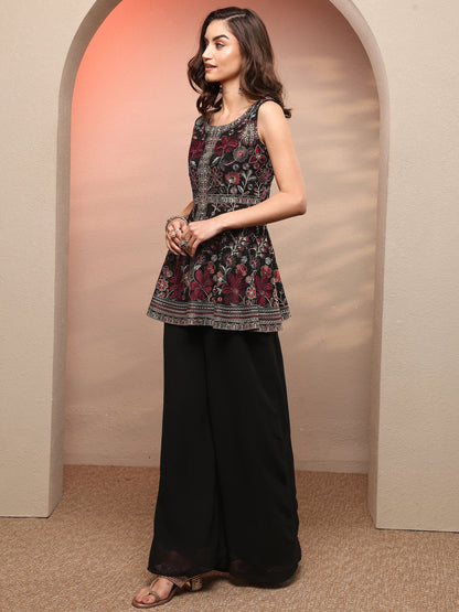 Libas Black Embroidered Georgette Anarkali Suit Set With Dupatta