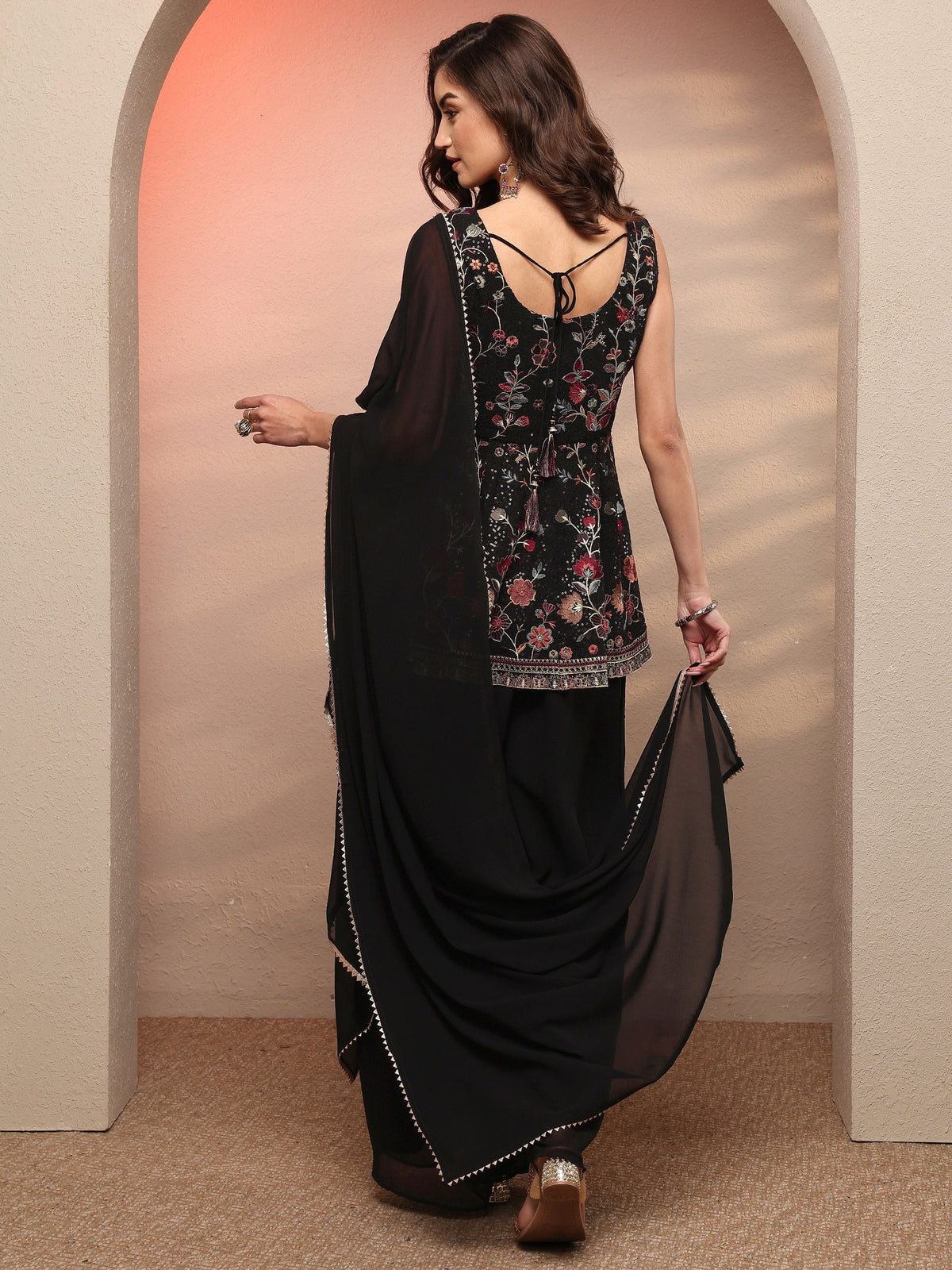 Libas Black Embroidered Georgette Anarkali Suit Set With Dupatta