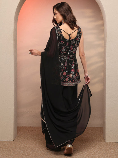 Libas Black Embroidered Georgette Anarkali Suit Set With Dupatta