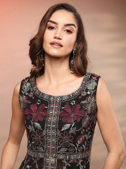 Libas Black Embroidered Georgette Anarkali Suit Set With Dupatta