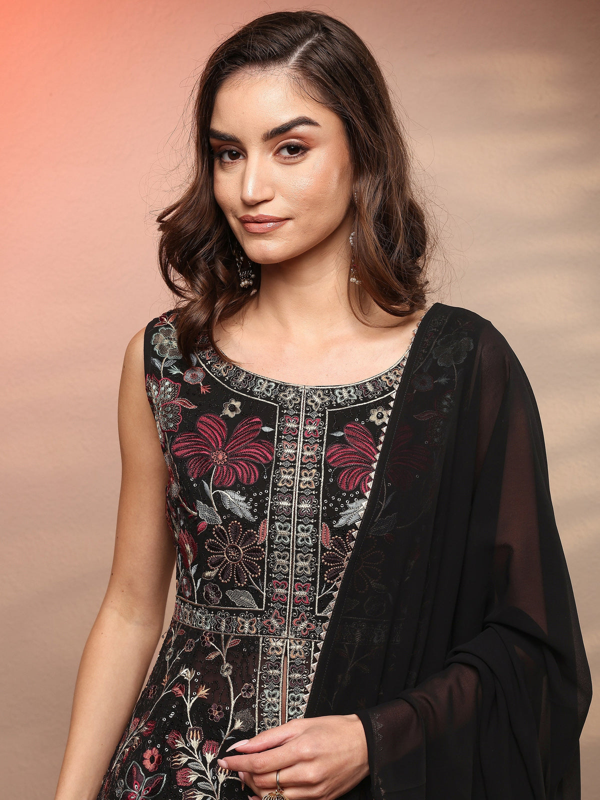 Libas Black Embroidered Georgette Anarkali Suit Set With Dupatta