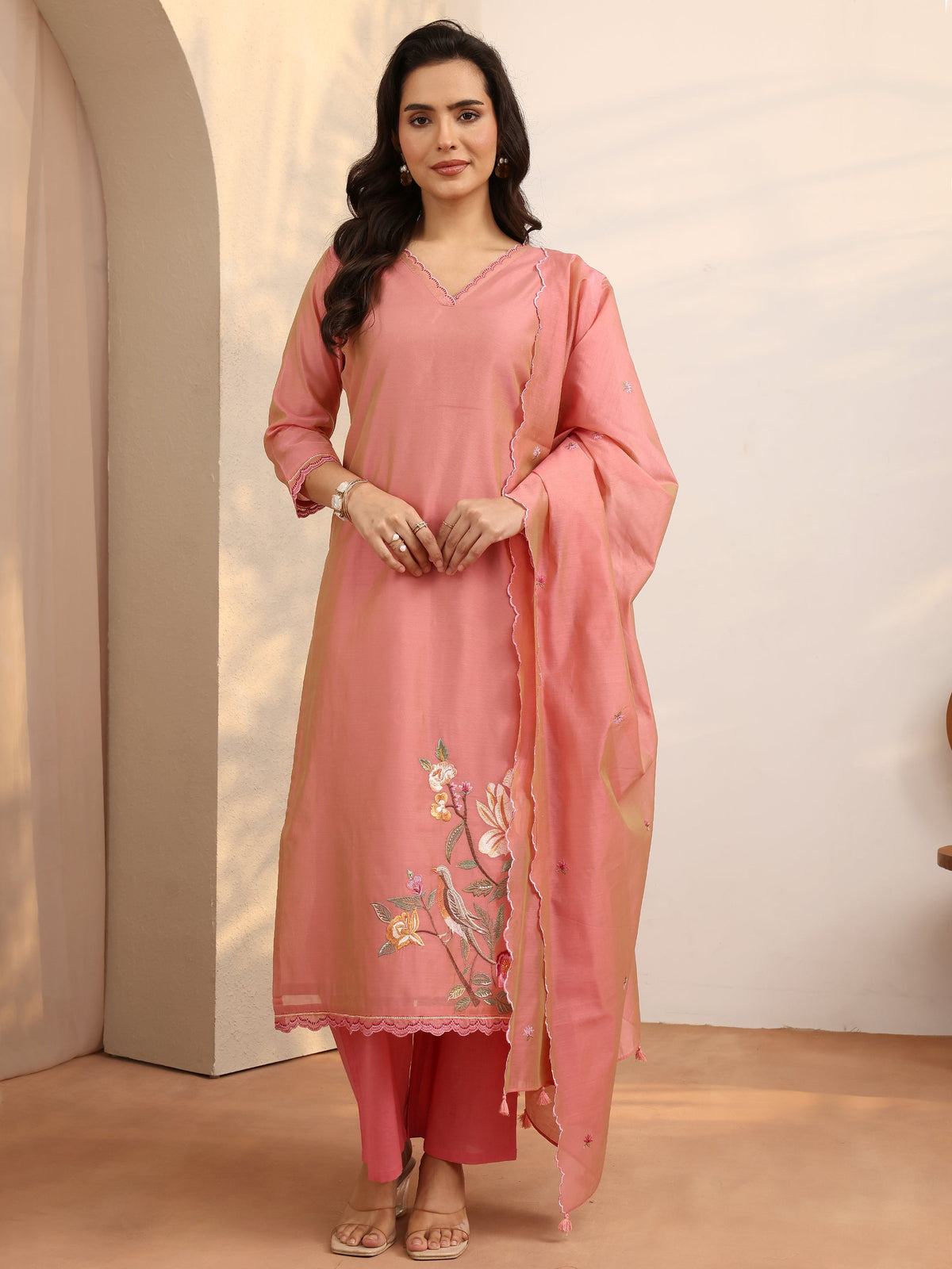 Libas Peach Embroidered Silk Blend Straight Suit Set With Dupatta