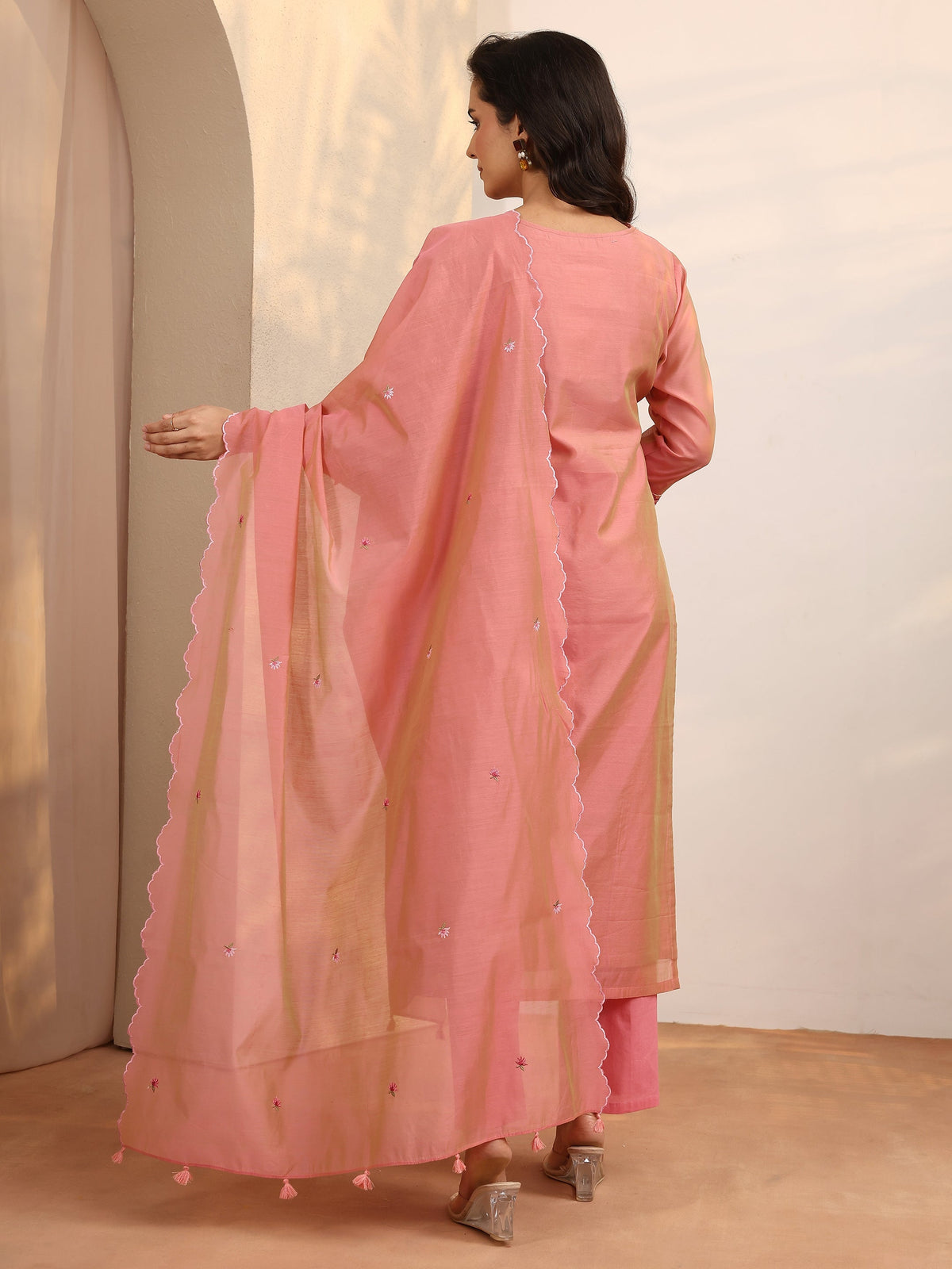 Libas Peach Embroidered Silk Blend Straight Suit Set With Dupatta