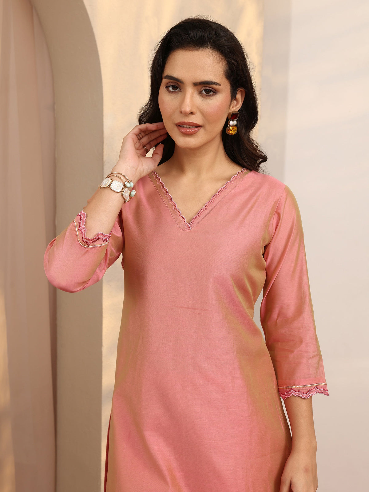 Libas Peach Embroidered Silk Blend Straight Suit Set With Dupatta