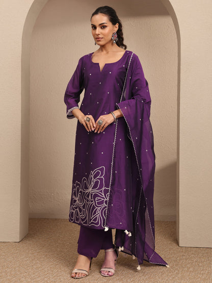 Libas Purple Embroidered Silk Blend Straight Suit Set With Dupatta