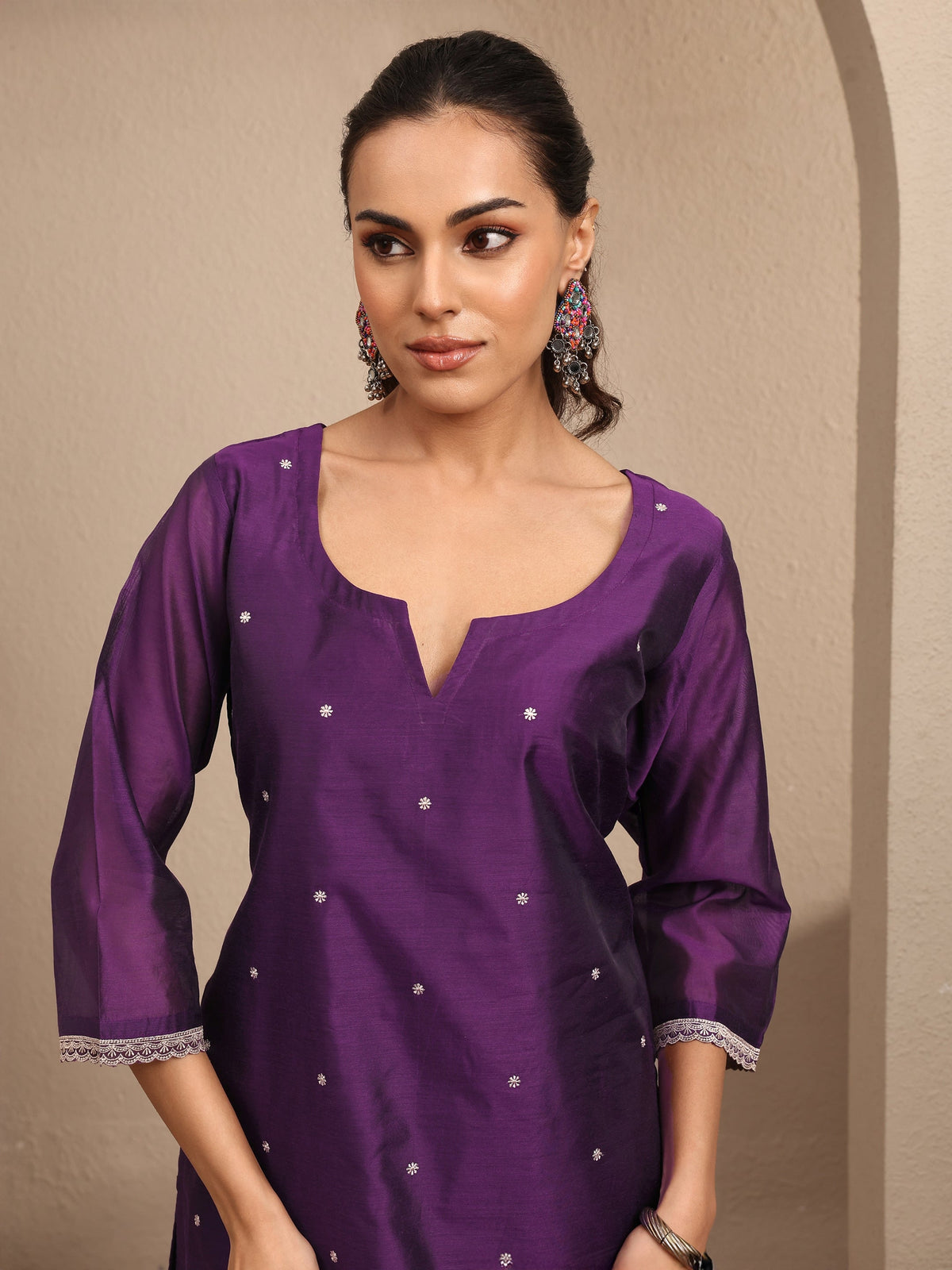 Libas Purple Embroidered Silk Blend Straight Suit Set With Dupatta