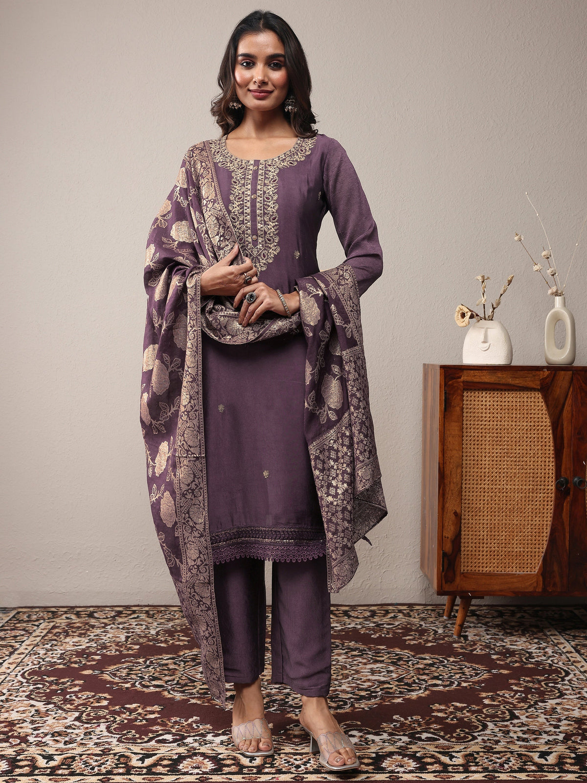 Libas Purple Embroidered Silk Blend Straight Suit Set With Dupatta