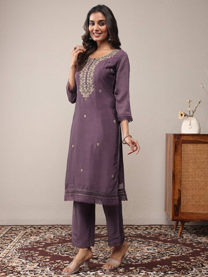 Libas Purple Embroidered Silk Blend Straight Suit Set With Dupatta
