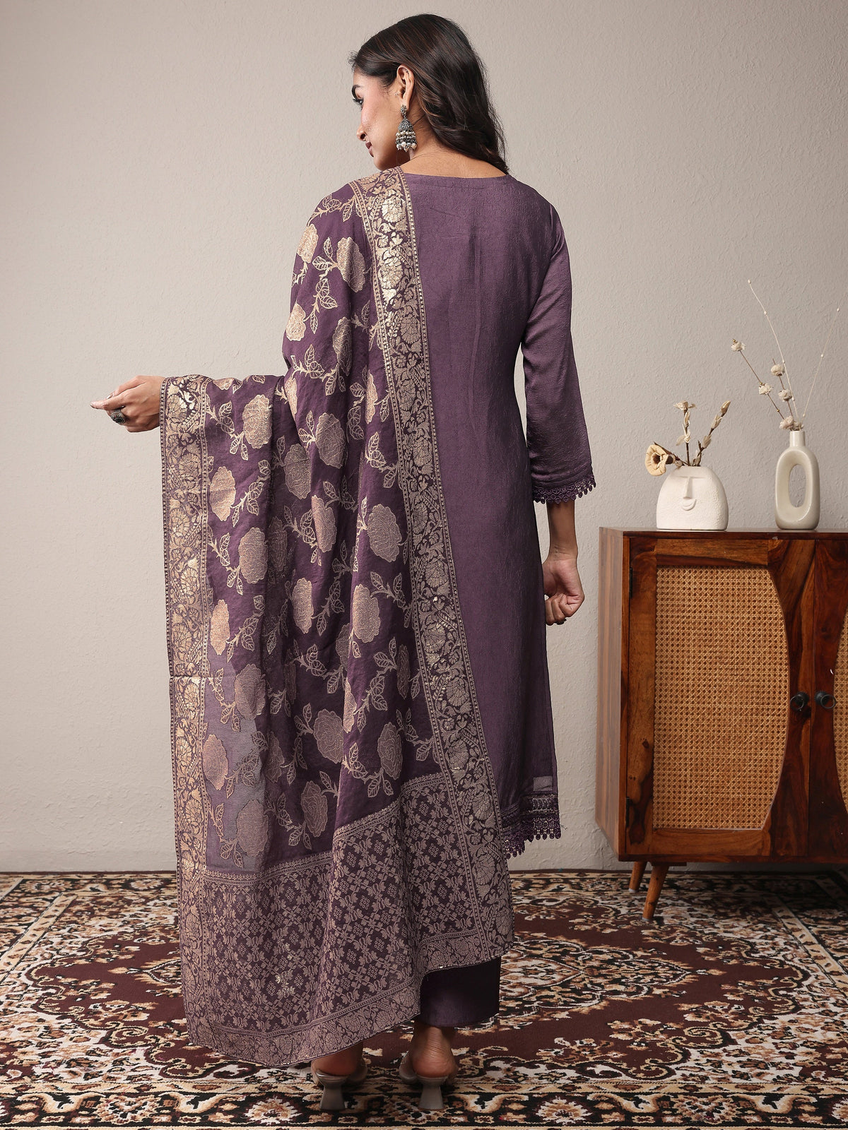 Libas Purple Embroidered Silk Blend Straight Suit Set With Dupatta