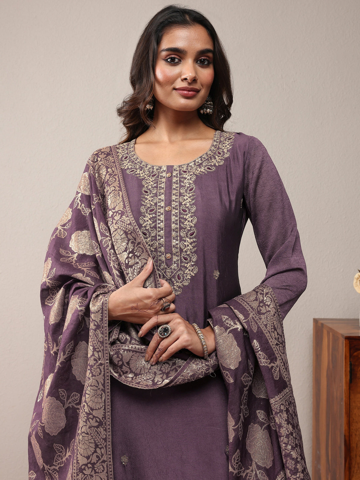Libas Purple Embroidered Silk Blend Straight Suit Set With Dupatta