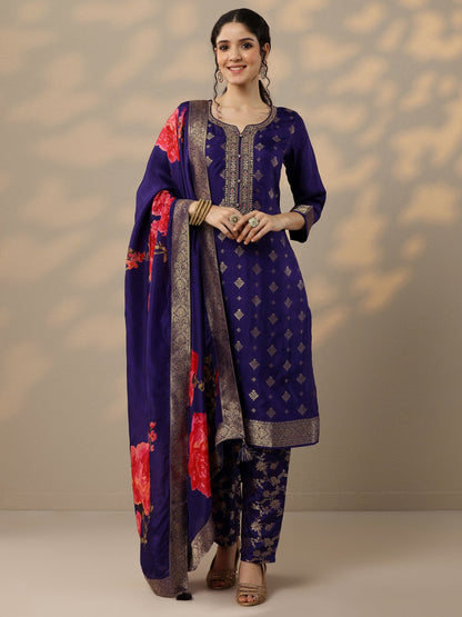Libas Purple Woven Design Silk Blend Straight Suit Set With Dupatta