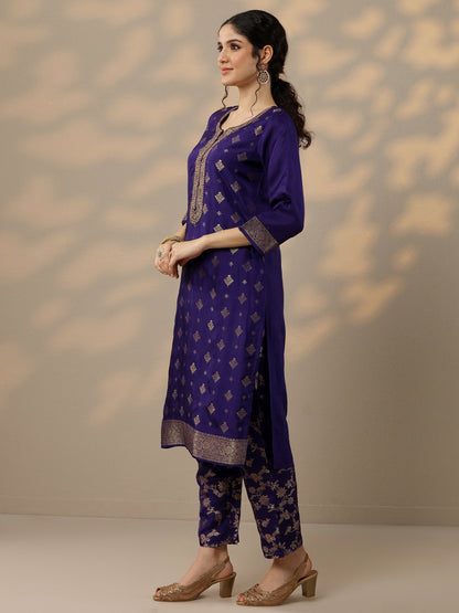Libas Purple Woven Design Silk Blend Straight Suit Set With Dupatta