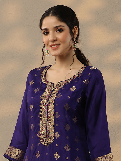 Libas Purple Woven Design Silk Blend Straight Suit Set With Dupatta