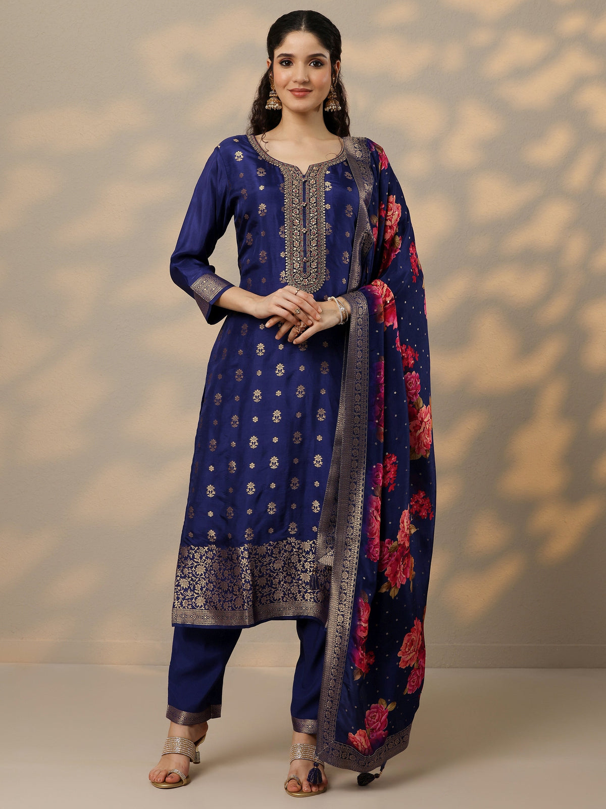 Libas Purple Woven Design Silk Blend Straight Suit Set With Dupatta