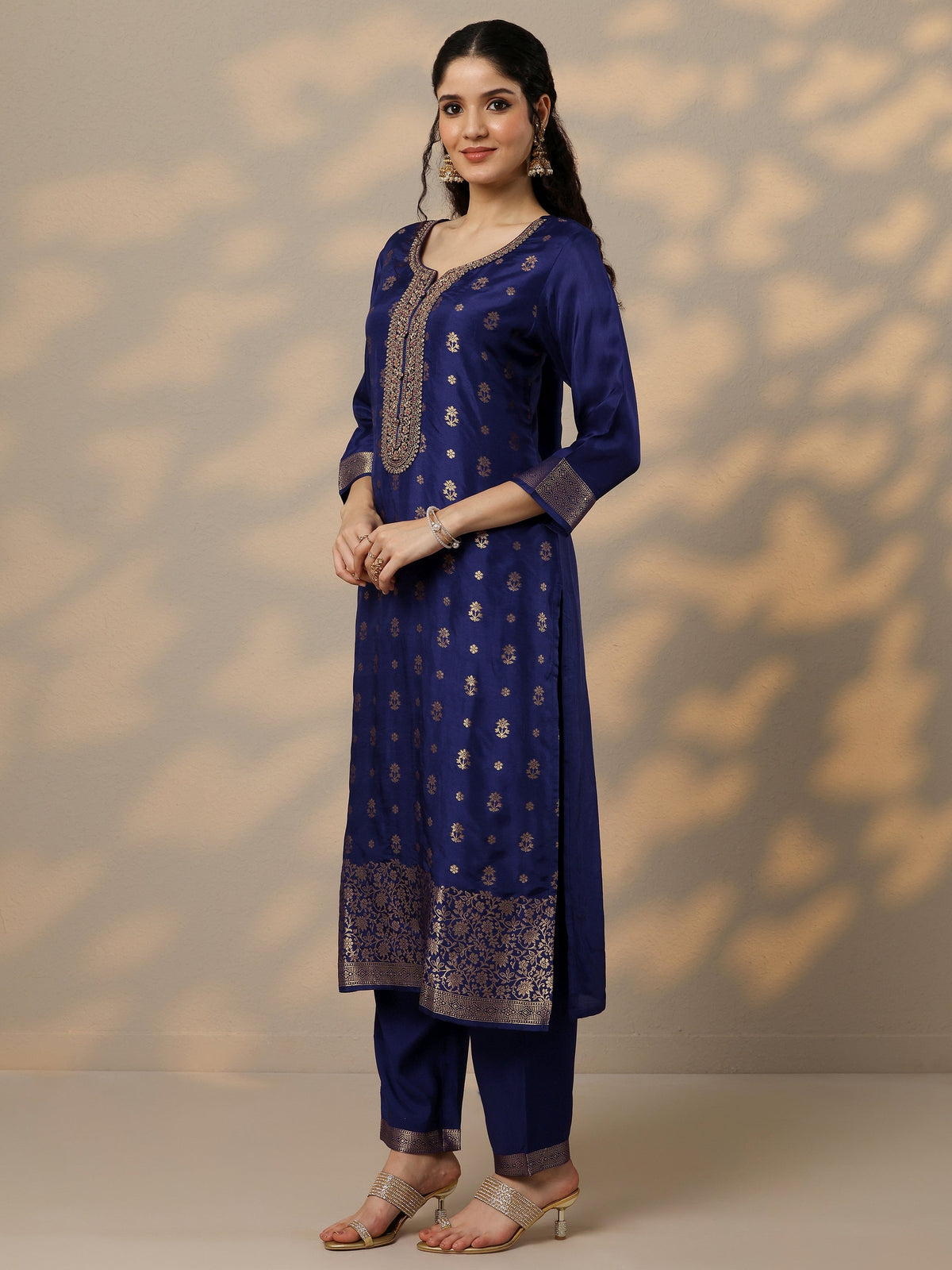 Libas Purple Woven Design Silk Blend Straight Suit Set With Dupatta