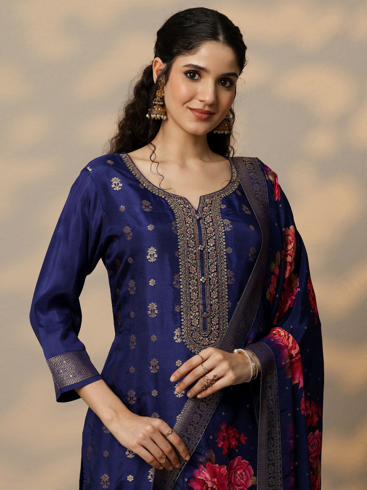 Libas Purple Woven Design Silk Blend Straight Suit Set With Dupatta