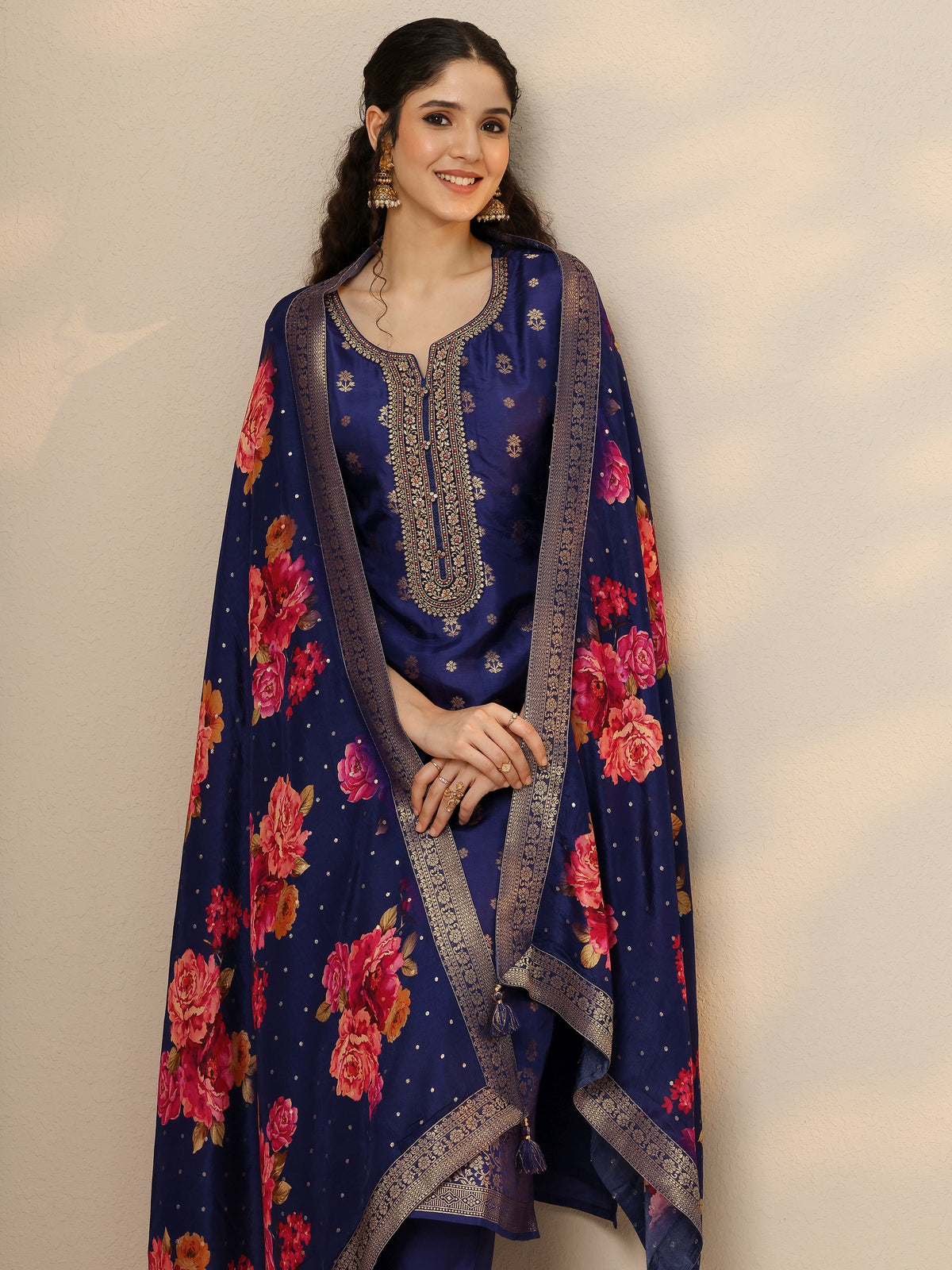 Libas Purple Woven Design Silk Blend Straight Suit Set With Dupatta