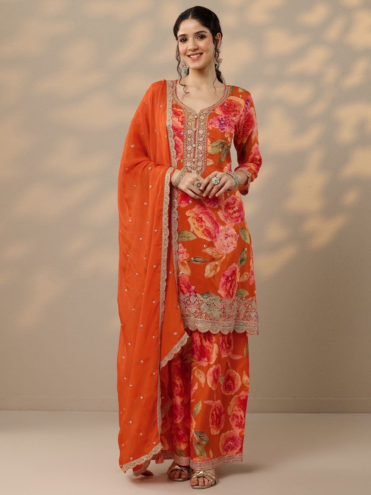 Libas Orange Printed Silk Blend Straight Suit Set With Dupatta
