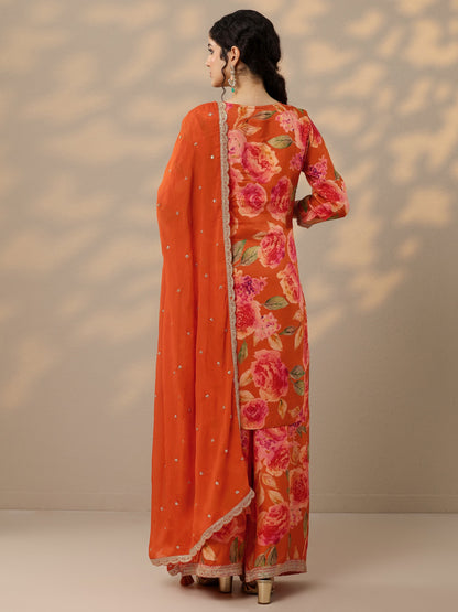 Libas Orange Printed Silk Blend Straight Suit Set With Dupatta