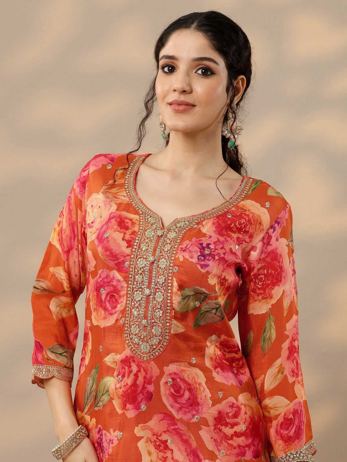 Libas Orange Printed Silk Blend Straight Suit Set With Dupatta