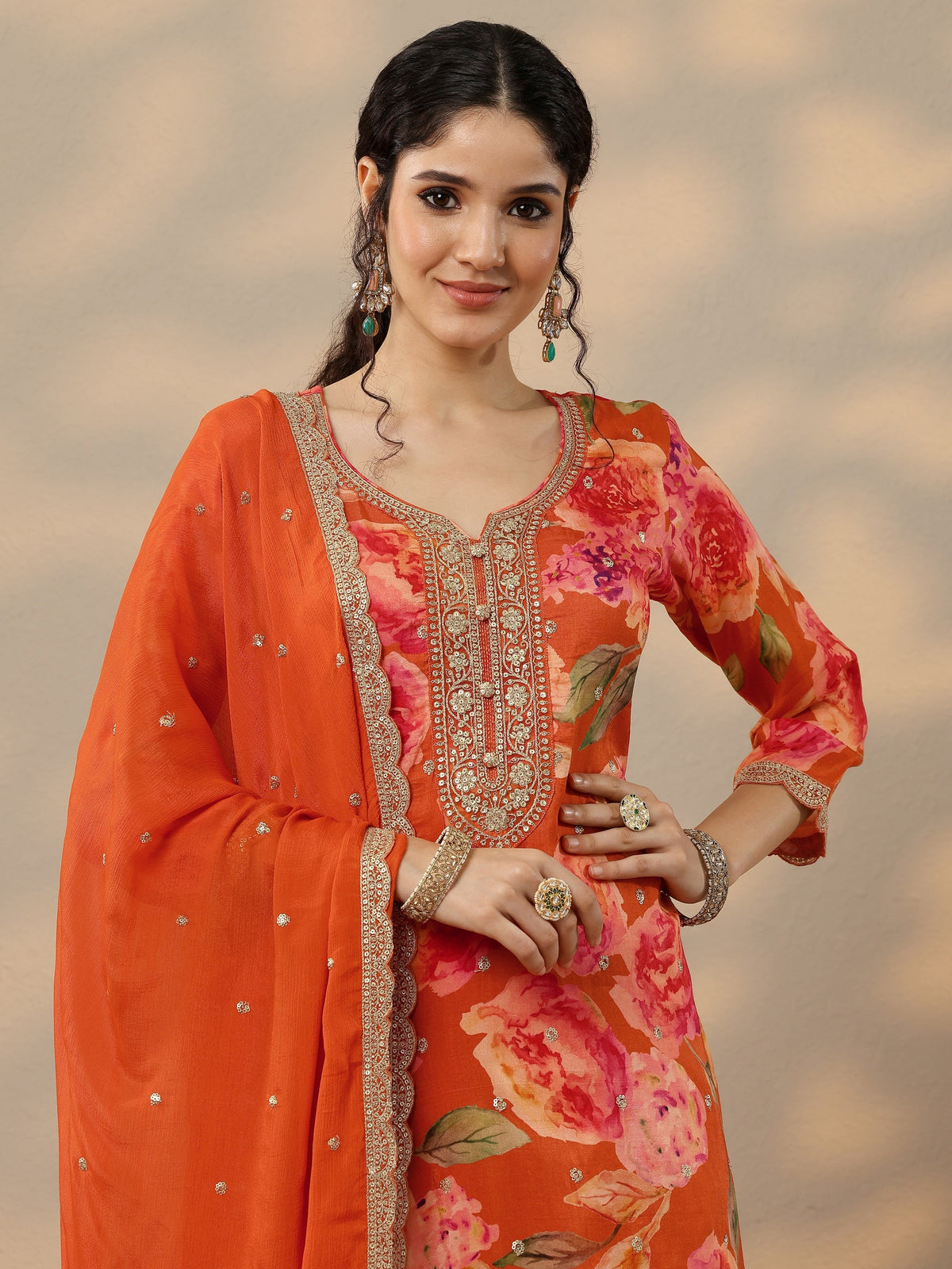 Libas Orange Printed Silk Blend Straight Suit Set With Dupatta