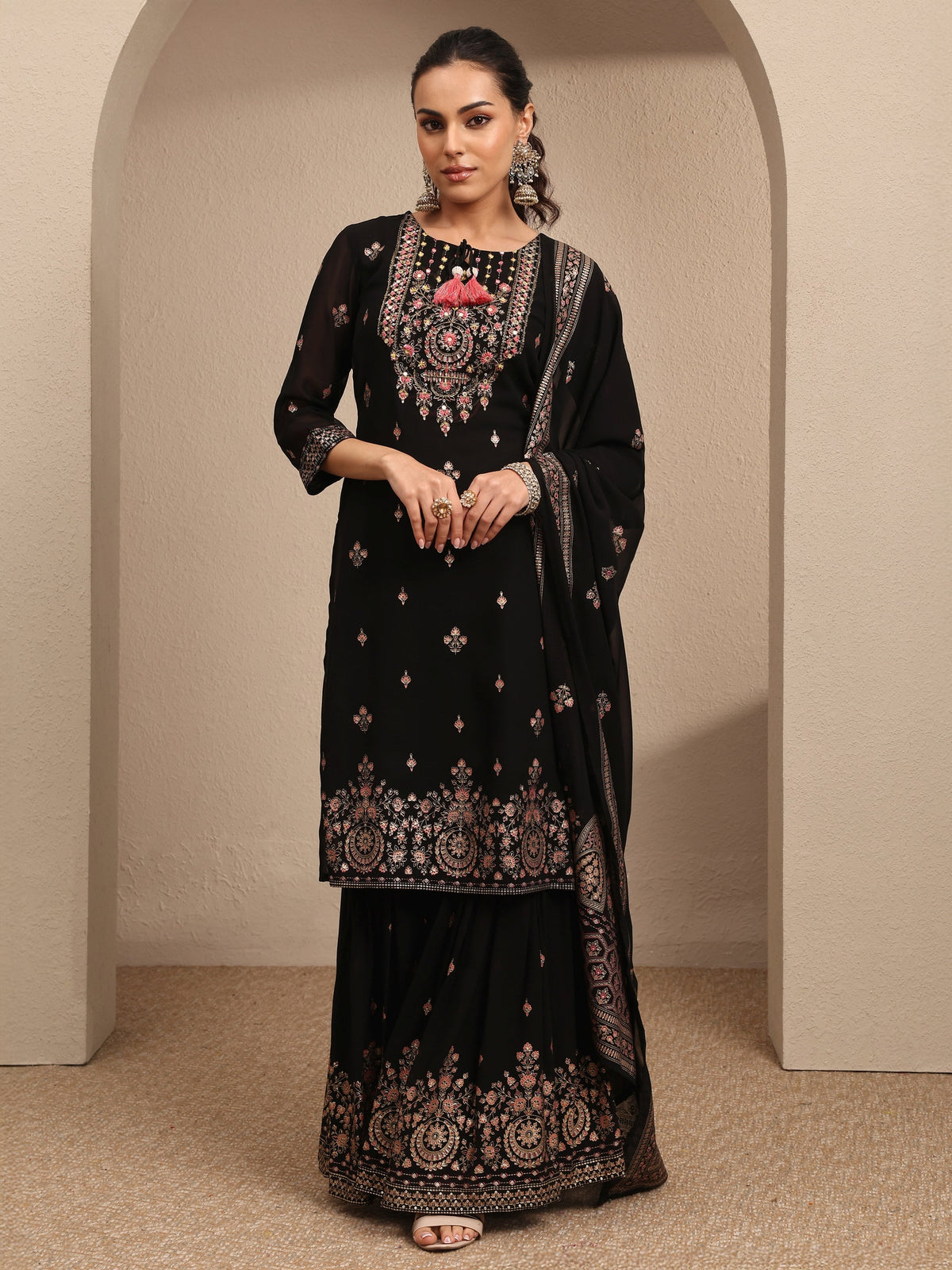 Libas Black Embroidered Georgette Straight Sharara Suit Set With Dupatta