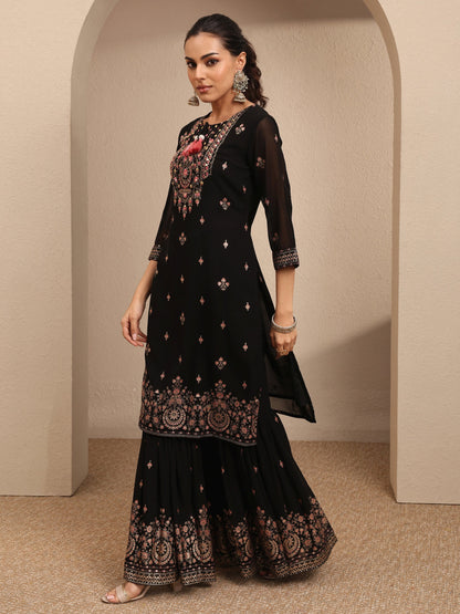 Libas Black Embroidered Georgette Straight Sharara Suit Set With Dupatta