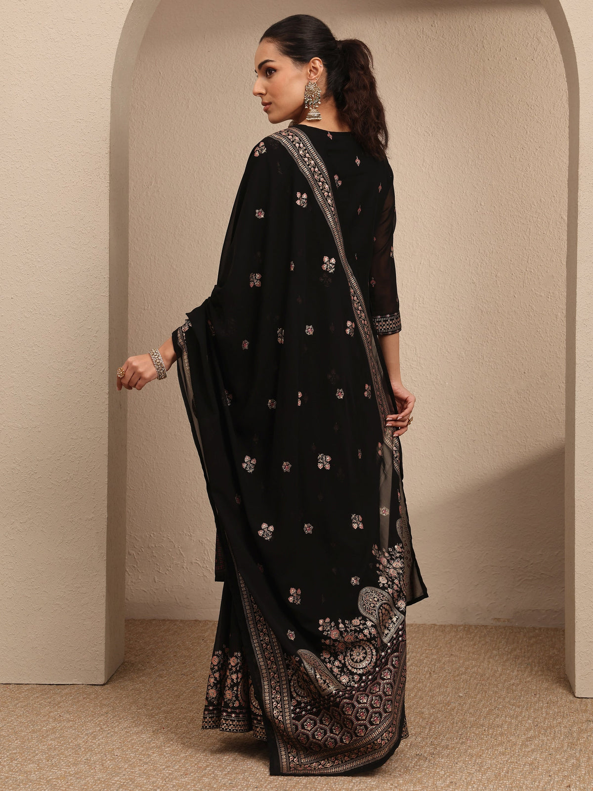 Libas Black Embroidered Georgette Straight Sharara Suit Set With Dupatta