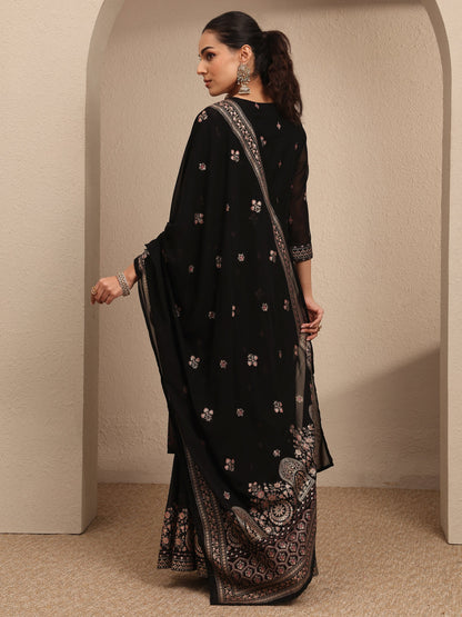 Libas Black Embroidered Georgette Straight Sharara Suit Set With Dupatta