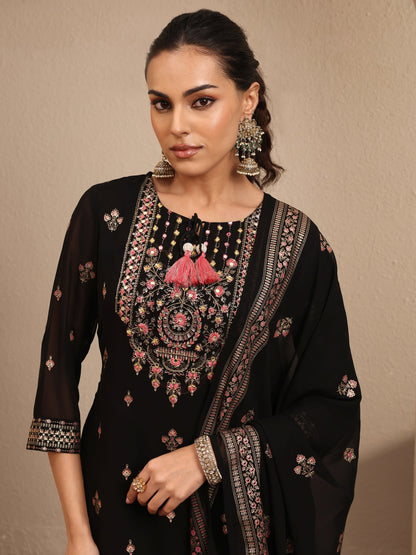 Libas Black Embroidered Georgette Straight Sharara Suit Set With Dupatta