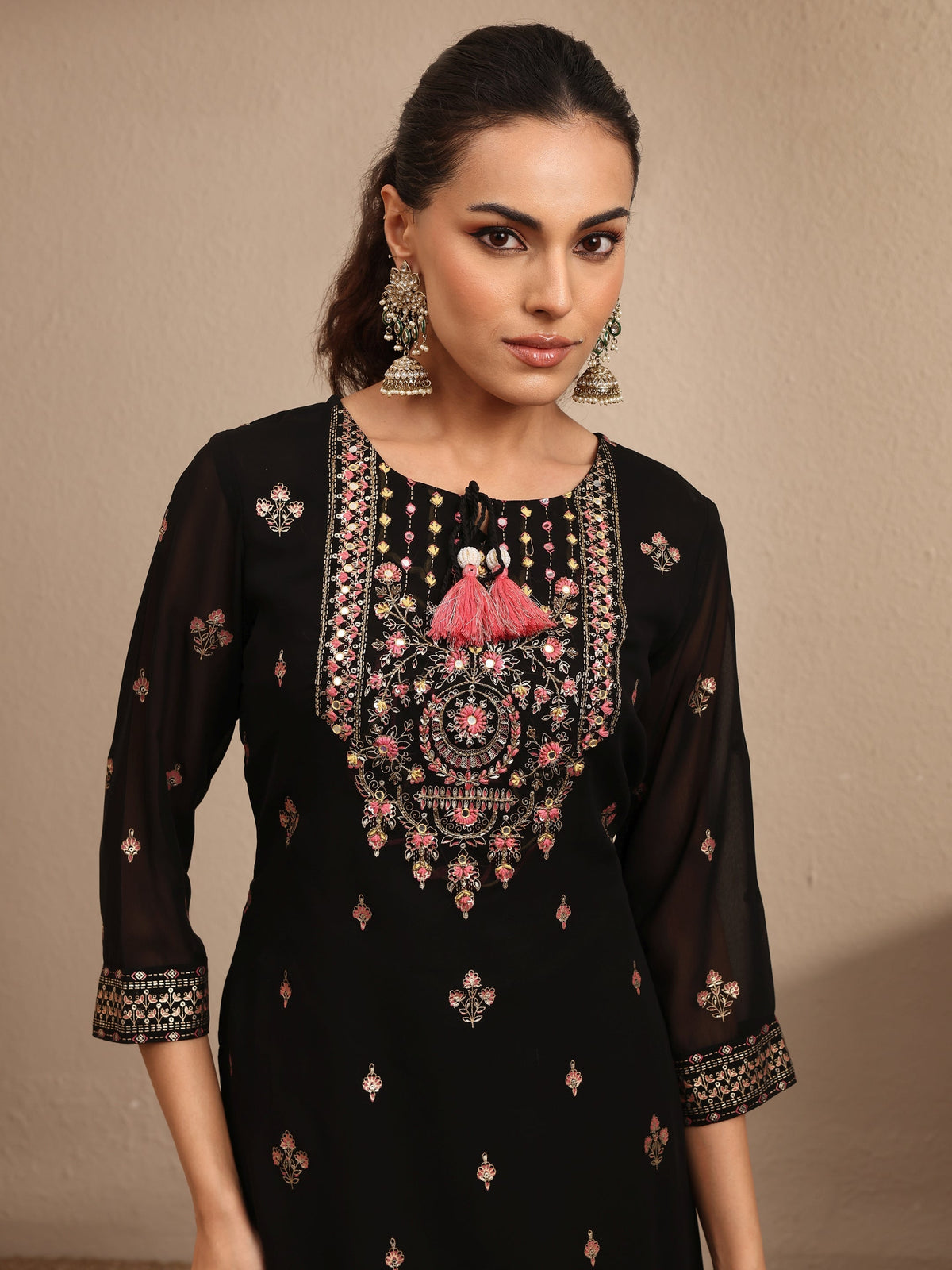 Libas Black Embroidered Georgette Straight Sharara Suit Set With Dupatta