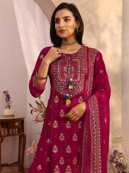 Libas Pink Embroidered Georgette Straight Suit Set With Dupatta