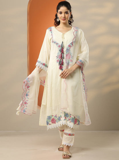 Libas Off White Embroidered Cotton Straight Suit Set With Dupatta