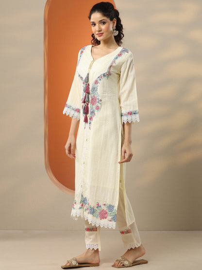 Libas Off White Embroidered Cotton Straight Suit Set With Dupatta