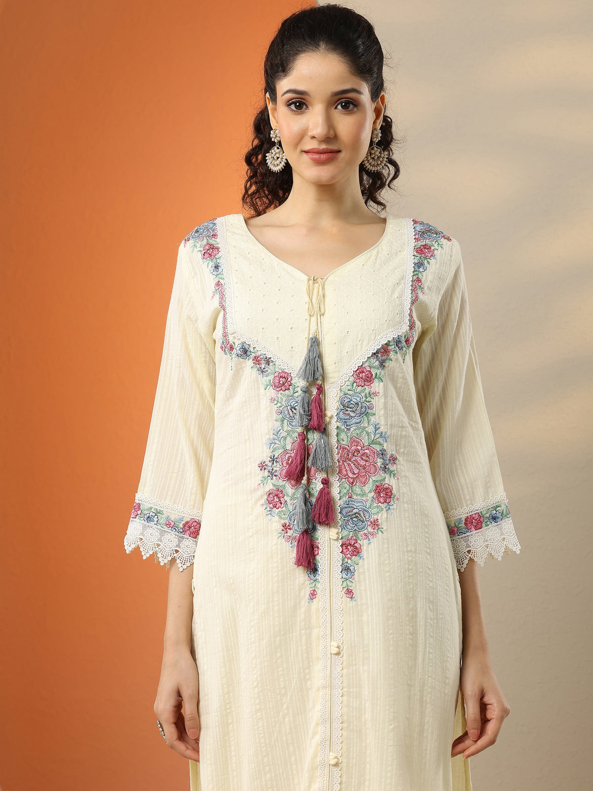 Libas Off White Embroidered Cotton Straight Suit Set With Dupatta