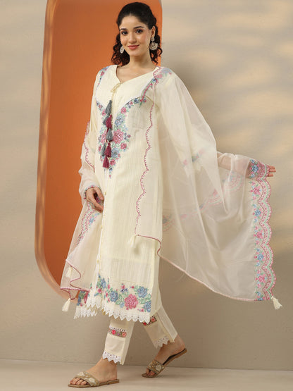 Libas Off White Embroidered Cotton Straight Suit Set With Dupatta