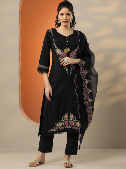 Libas Black Embroidered Cotton Straight Suit Set With Dupatta